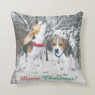 Merry Christmas Beagle Pups Snowy Woods Cushion