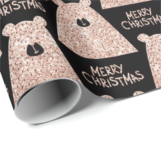 Merry Christmas Bear Black Pink Rose Gold Glitter Wrapping Paper (Roll Corner)