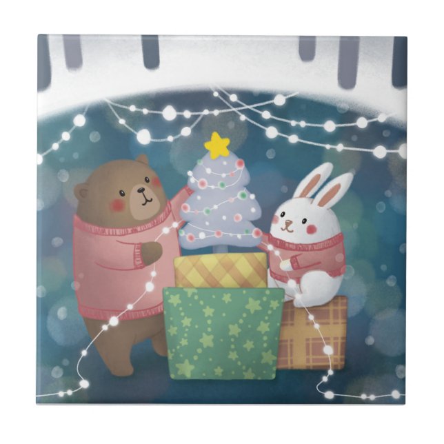 Merry Christmas: Bear & Bunny Ceramic Tile (Front)