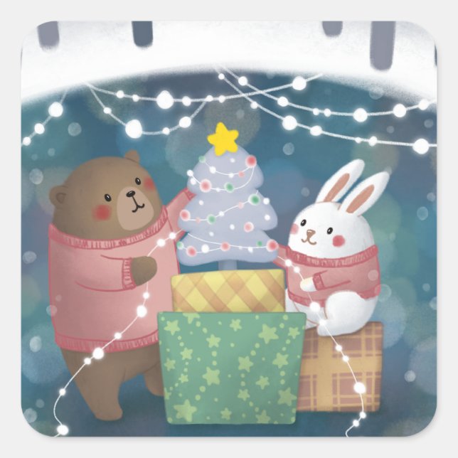 Merry Christmas: Bear & Bunny Square Sticker (Front)