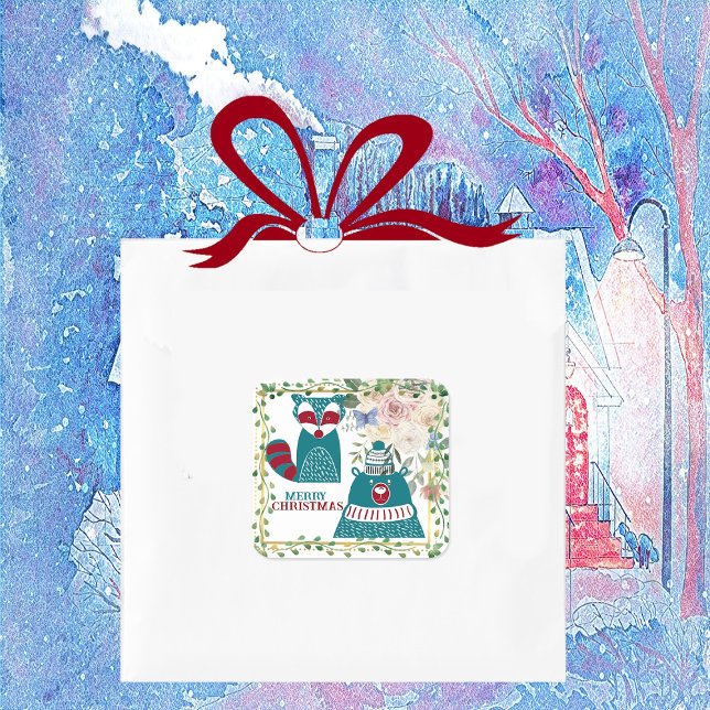 Merry Christmas Bear Fox Nordic Decorative Floral Square Sticker (Merry Christmas Bear Fox Nordic Decorative Floral Square Sticker)