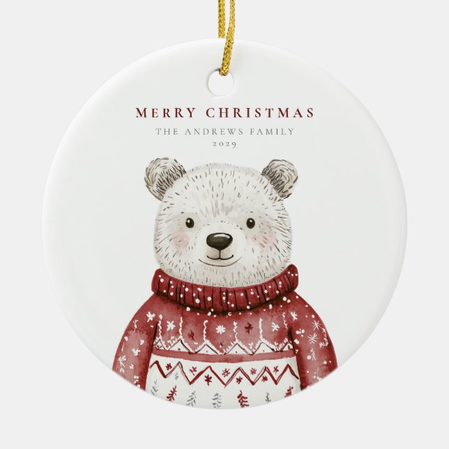 Merry Christmas Bear in a Sweater Ceramic Ornament (Front)