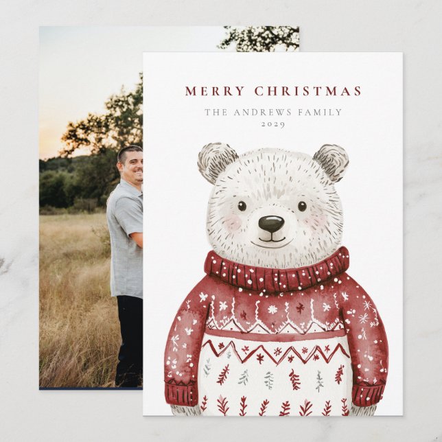 Merry Christmas Bear in a Sweater Holiday Card (Front/Back)