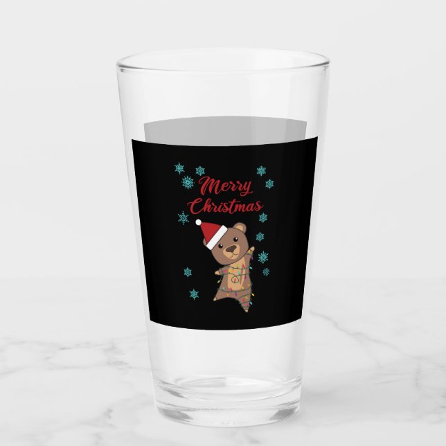 Merry Christmas Bear Snow Winter Bear Teddy Glass (Front)