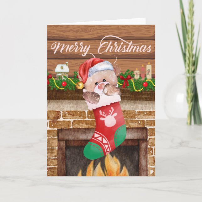 Merry Christmas Bear Stocking Fireplace Mantle  Holiday Card (Front)