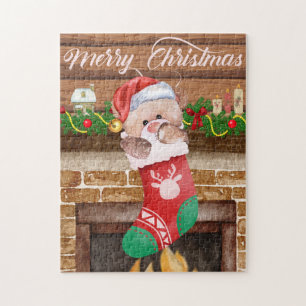 Merry Christmas Bear Stocking Fireplace Mantle Jigsaw Puzzle