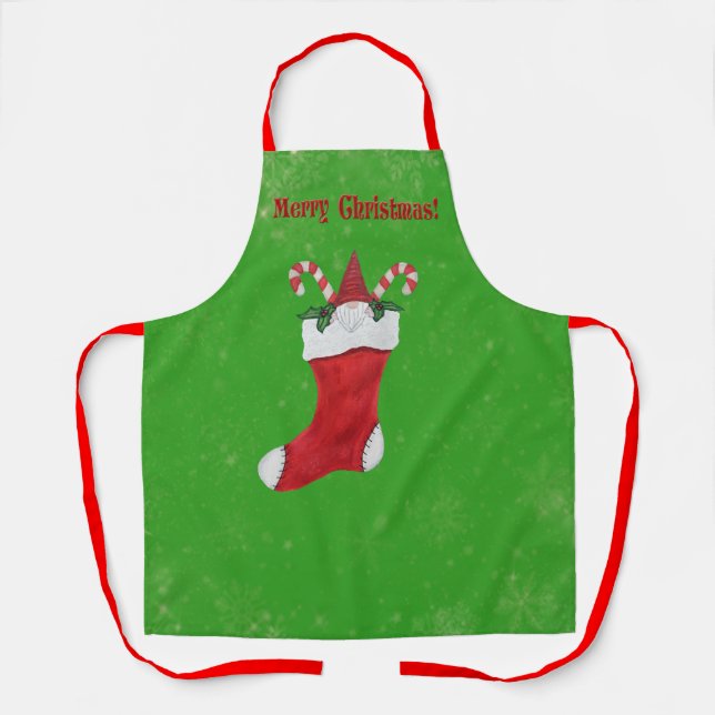 Merry Christmas Bearded Gnome in Stocking Green Apron (Front)