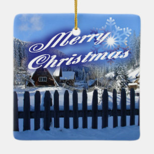 Merry Christmas - Beautiful Log Cabin in the Snow Ceramic Ornament