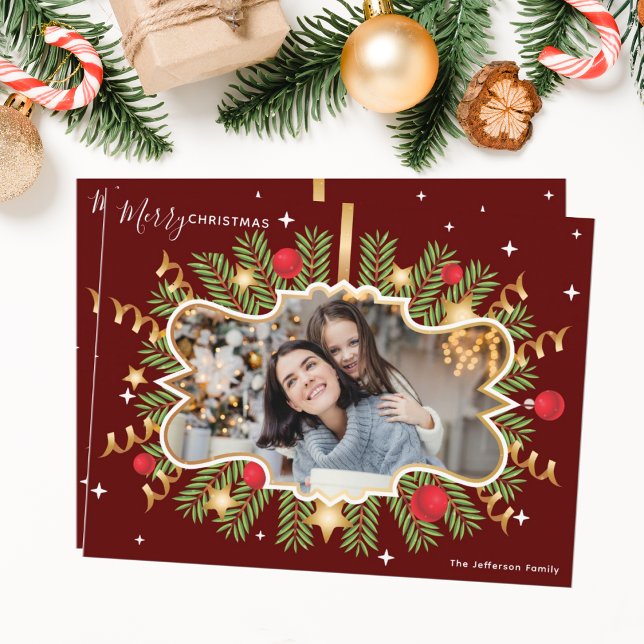 Merry Christmas Beautiful Red Gold Photo Wreath Postcard (Creator Uploaded)