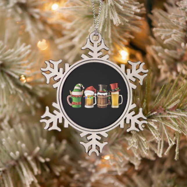 Merry Christmas Beers Drinking Santa Beer Lover  Snowflake Pewter Christmas Ornament (Tree)