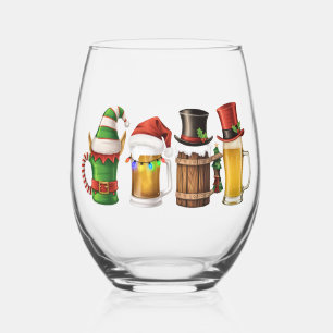 Merry Christmas Beers Drinking Santa Beer Lover Stemless Wine Glass