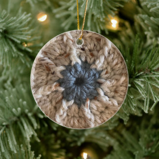 Merry Christmas Beige Blue Yarn Photo Crocheter Ceramic Ornament