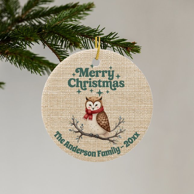 Merry Christmas beige burlap cute owl green Ceramic Ornament (Creator Uploaded)