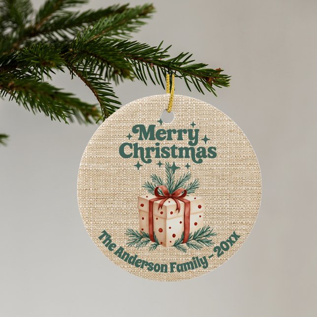 Merry Christmas beige burlap gift box green Ceramic Ornament (Creator Uploaded)