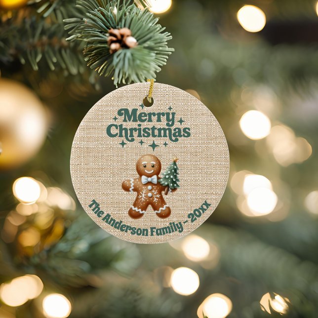 Merry Christmas beige burlap gingerbread man Ceramic Ornament (Creator Uploaded)
