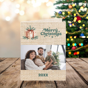 Merry Christmas beige burlap photo  year in review Holiday Card