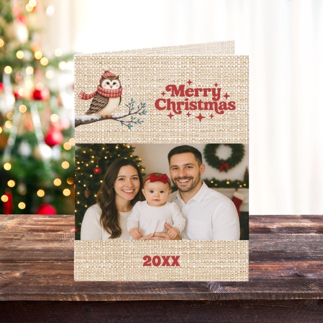 Merry Christmas beige burlap retro owl photo card (Creator Uploaded)