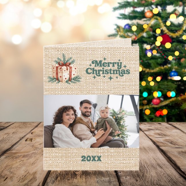 Merry Christmas beige burlap retro photo card (Creator Uploaded)