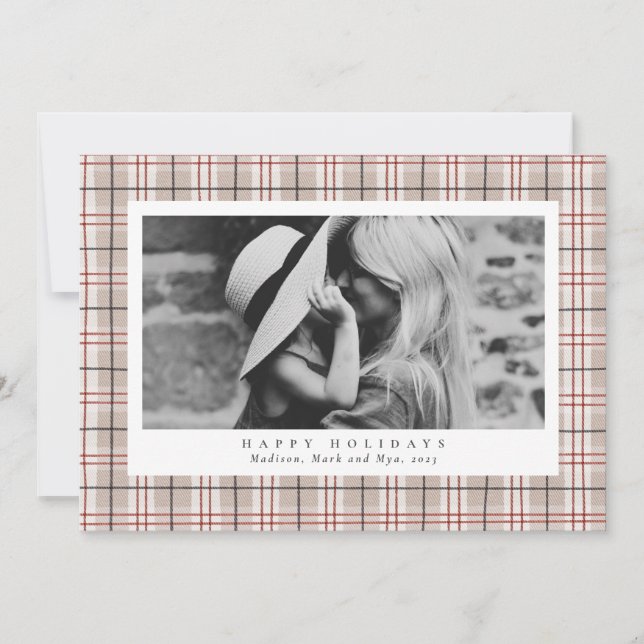 Merry Christmas Beige Plaid One Photo Holiday Card (Front)