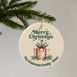 Merry Christmas beige rustsic gift box green Ceramic Ornament