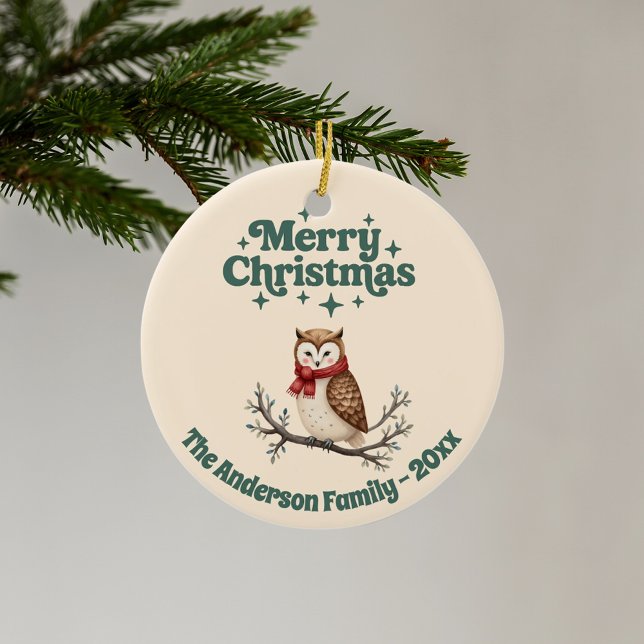 Merry Christmas beige rustsic gift cute owl Ceramic Ornament (Creator Uploaded)