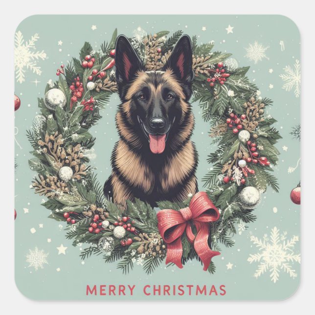 Merry Christmas Belgian Malinois Dog Xmas Square Sticker (Front)