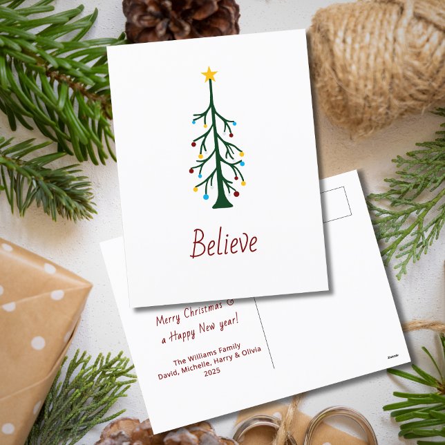 Merry Christmas Believe Modern Evergreen Tree Holiday Postcard (Creator Uploaded)