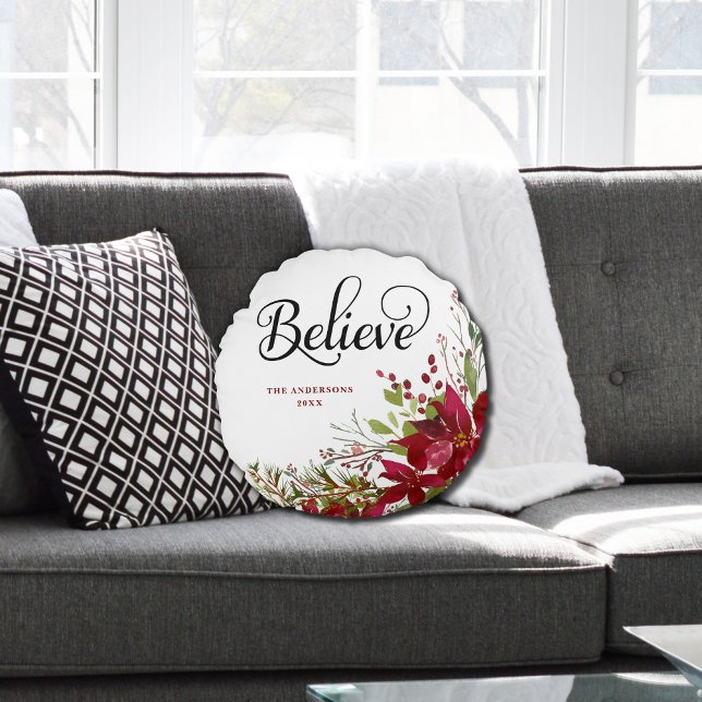 Merry Christmas Believe Script Round Cushion (Creator Uploaded)