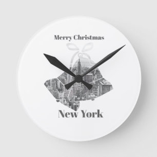 Merry Christmas Bell New York Round Clock