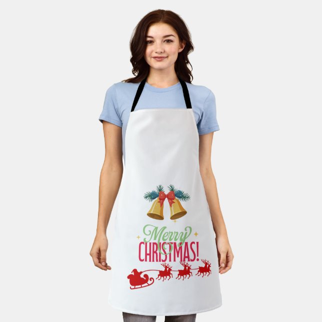 Merry Christmas – Bells & Santa Sleigh Design Apron (Worn)