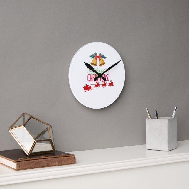 Merry Christmas – Bells & Santa Sleigh Design Round Clock (Office)