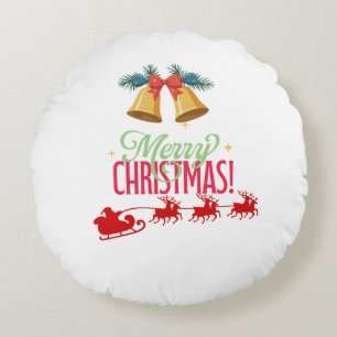 Merry Christmas – Bells & Santa Sleigh Design Round Cushion