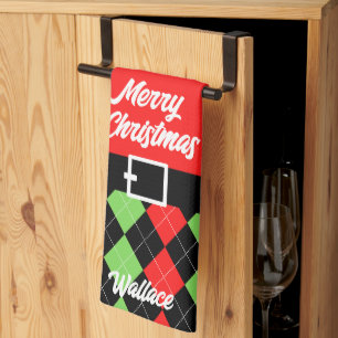 Merry Christmas Belt and Argyle Red Tea Towel
