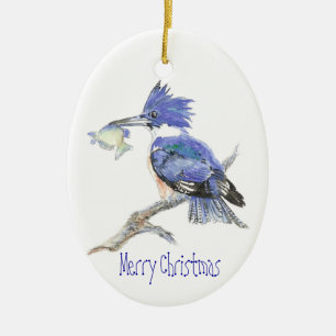 Merry Christmas Belted Kingfisher - Bird, Nature Ceramic Ornament