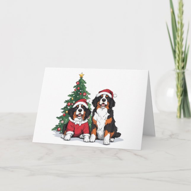 Merry Christmas Bernese Mountain Dogs Holiday Card (Front)