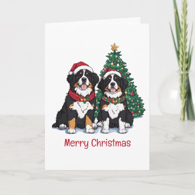 Merry Christmas Bernese Mountain Dogs Holiday Card (Front)