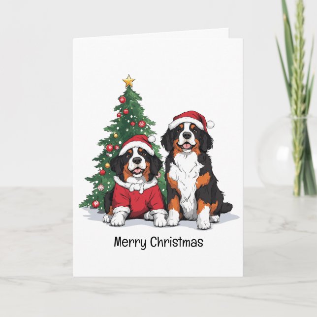 Merry Christmas Bernese Mountain Dogs Holiday Card (Front)