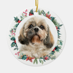 Merry Christmas Berries Pet Dog Photo Personalised Ceramic Ornament