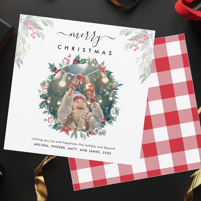 Merry Christmas Berries Photo Card (Christmas Greetings Photo Rustic Plaid Red and White Checkered Card)