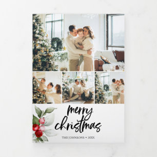 Merry Christmas Berry Leaves Photo Tri-Fold Holiday Card