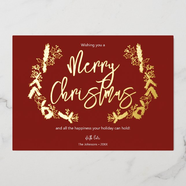 Merry Christmas Berry Leaves Wreath Red Foil Holiday Card (Front)