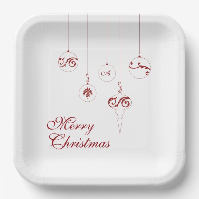 Merry Christmas Berry Red Monogram Bauble Paper Plate (Front)
