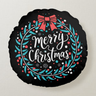 Merry Christmas Berry Wreath Round Cushion