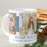 Merry Christmas Best Dad Ever 3 Photo Blue Large Coffee Mug<br><div class="desc">Personalised Christmas Mug for Dad. This photo mug has a modern blue and white design with trendy typewriter typography. The photo template is ready for you to add 3 of your favourite family pictures (2x portrait and 1x landscape will be easiest to work with). You can also customise the wording...</div>