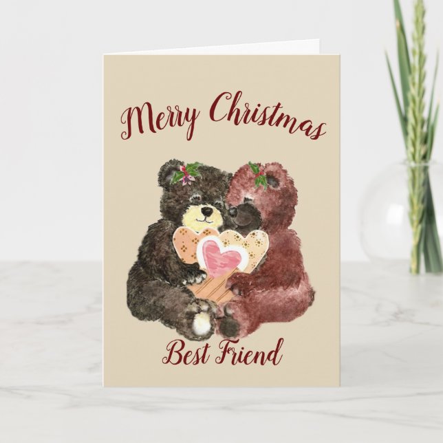 Merry Christmas Best Friend Cute Teddy Bear Hugs Holiday Card (Front)