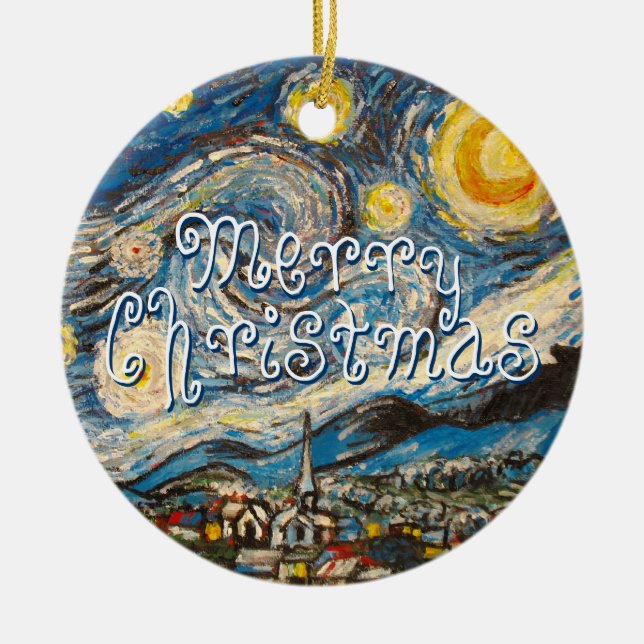Merry Christmas Best Wishes 2014 Starry Night rep. Ceramic Ornament (Front)