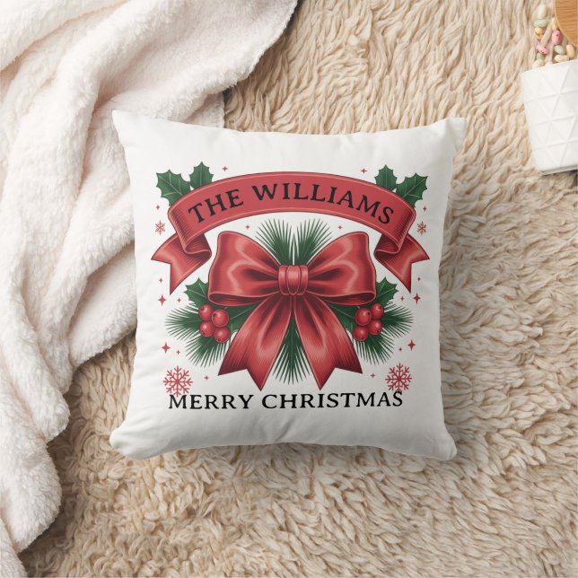 Merry Christmas Big Red Bow Custom Family Name Cushion (Blanket)