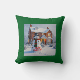 MERRY CHRISTMAS BIG SNOWMAN WINTER SCENE CUSHION