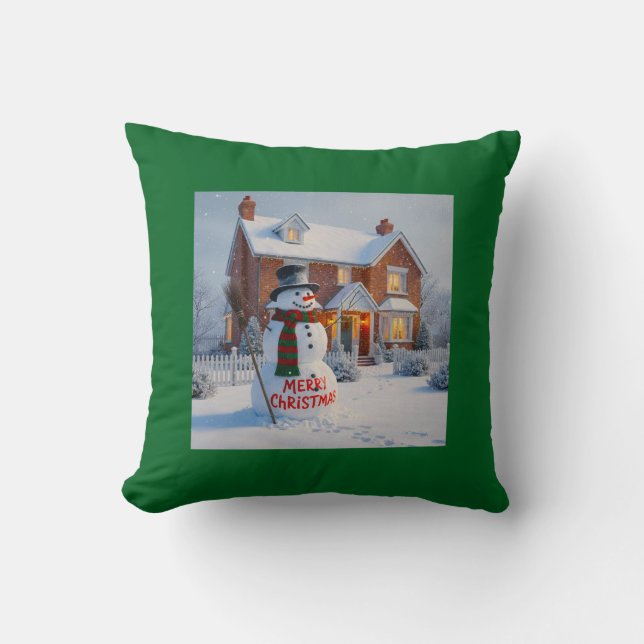 MERRY CHRISTMAS BIG SNOWMAN WINTER SCENE CUSHION (Front)
