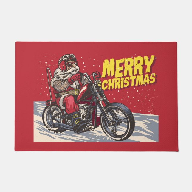 Merry Christmas Biker Santa Doormat (Front)